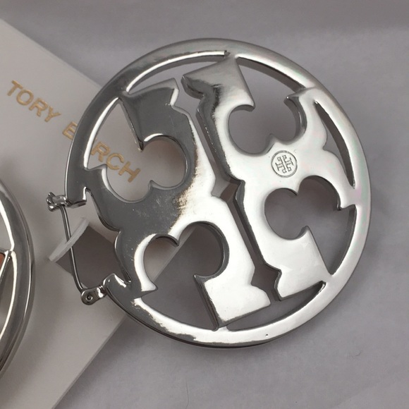 Tory Burch Miller Hoop Silver/Orange Logo Earrings - Picture 5 of 7